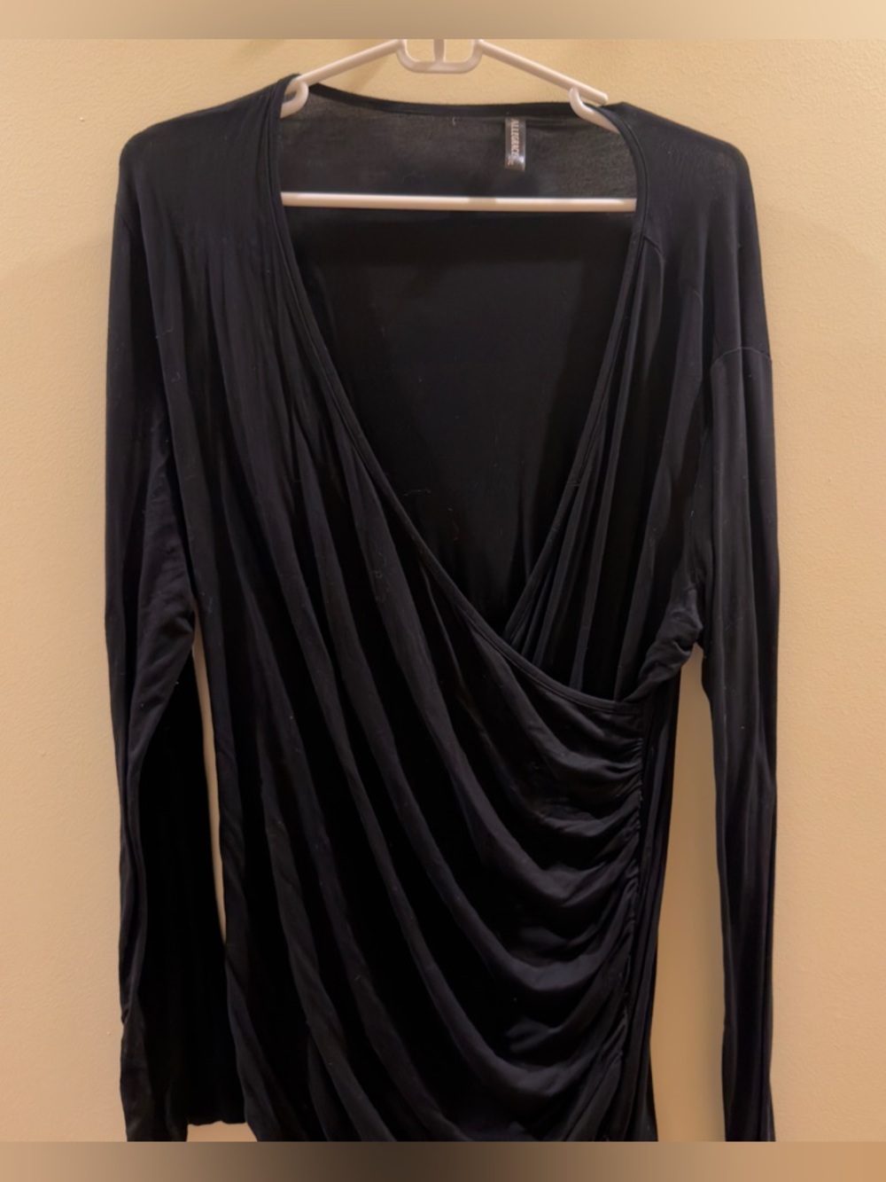 Black Long Sleeve Draped Wrap-Front Top